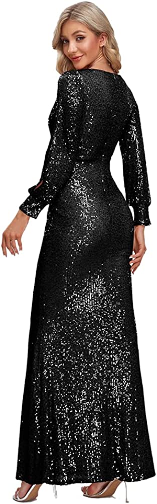 MOOSSIS Women Sequin Fishtail V Neck Maxi Bodycon Black Dress with Long & Open Sleeves BL0004R-002 - Image 4